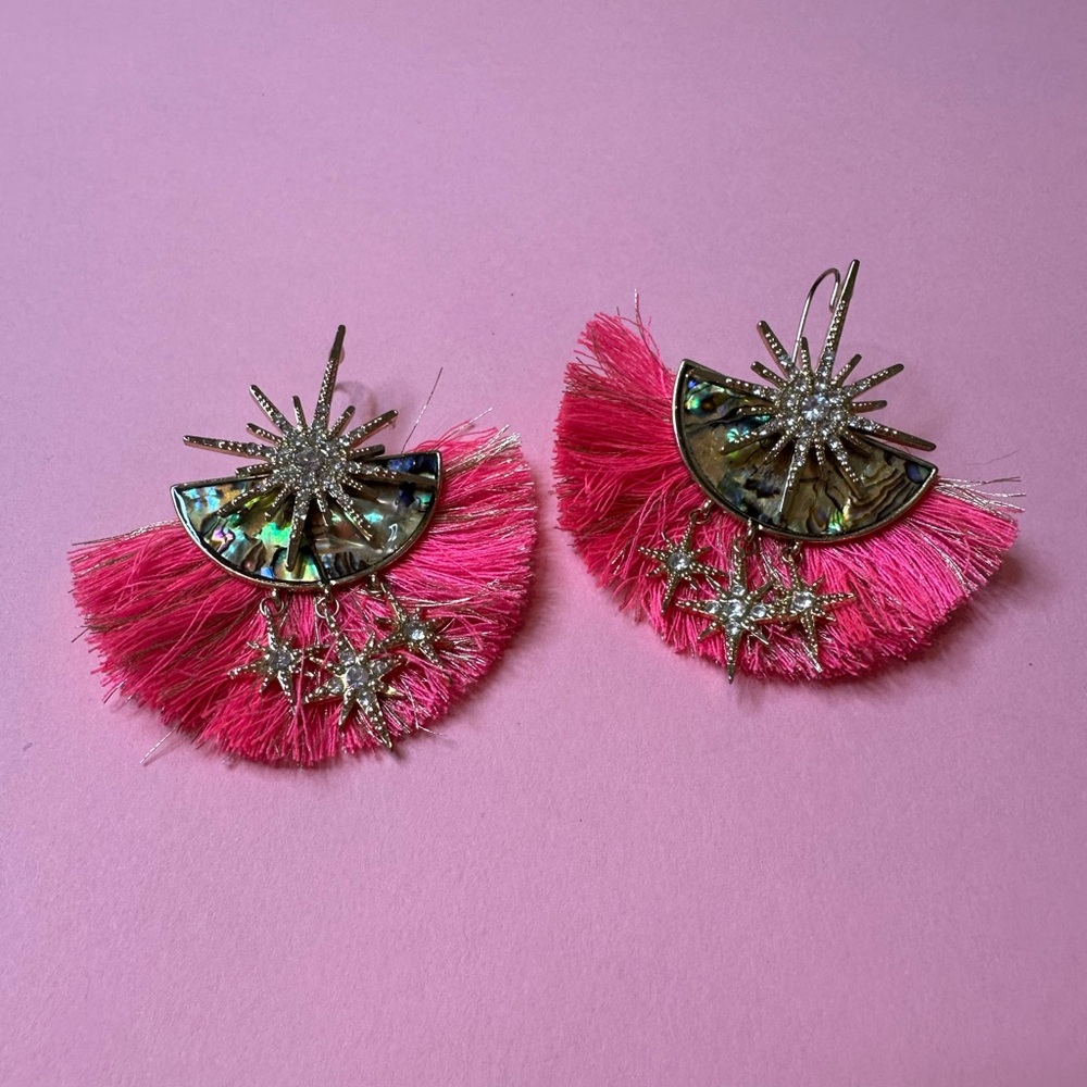 Unique Pink and Gold Fringe Star Earrings - Picture 2 of 6